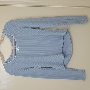 Light Blue Ribbed Long-Sleeve Top with Bow Detail